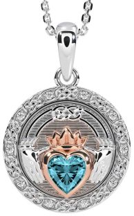 Diamond Aquamarine Rose Gold Silver Celtic Claddagh Necklace