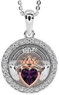 Diamond Alexandrite Rose Gold Silver Celtic Claddagh Necklace