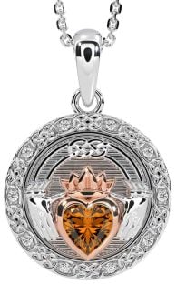 Diamond Citrine Rose Gold Silver Celtic Claddagh Necklace