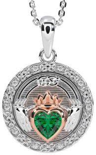 Diamond Emerald Rose Gold Silver Celtic Claddagh Necklace