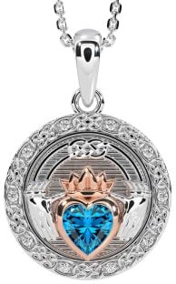 Diamond Topaz Rose Gold Silver Celtic Claddagh Necklace