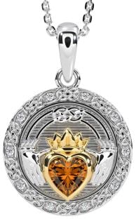 Diamond Citrine Gold Silver Celtic Claddagh Necklace