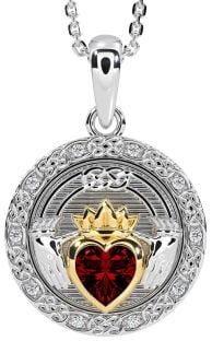 Diamond Garnet Gold Silver Celtic Claddagh Necklace