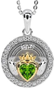 Diamond Peridot Gold Silver Celtic Claddagh Necklace