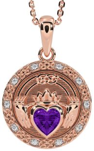 Diamond Amethyst Rose Gold Silver Celtic Claddagh Necklace