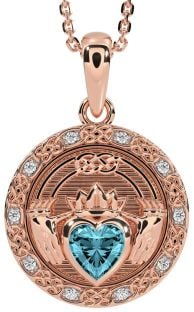 Diamond Aquamarine Rose Gold Silver Celtic Claddagh Necklace