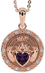 Diamond Alexandrite Rose Gold Silver Celtic Claddagh Necklace