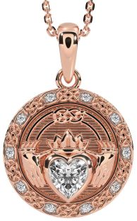 Diamond Rose Gold Silver Celtic Claddagh Necklace