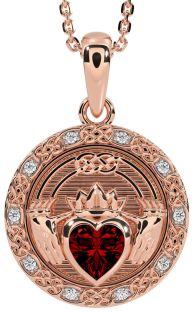 Diamond Garnet Rose Gold Silver Celtic Claddagh Necklace