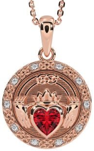 Diamond Ruby Rose Gold Silver Celtic Claddagh Necklace