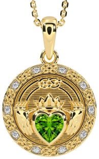 Diamond Peridot Gold Silver Celtic Claddagh Necklace