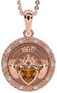 Diamond Citrine Rose Gold Celtic Claddagh Necklace