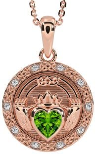 Diamond Peridot Rose Gold Celtic Claddagh Necklace