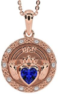 Diamond Sapphire Rose Gold Celtic Claddagh Necklace