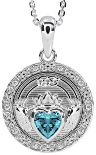 Diamond Aquamarine Silver Celtic Claddagh Necklace