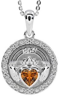 Diamond Citrine Silver Celtic Claddagh Necklace