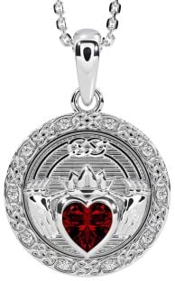 Diamond Garnet Silver Celtic Claddagh Necklace