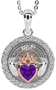 Diamond Amethyst Rose Gold Silver Celtic Claddagh Necklace