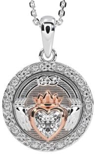 Diamond Rose Gold Silver Celtic Claddagh Necklace