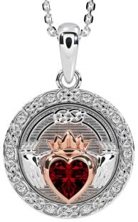 Diamond Garnet Rose Gold Silver Celtic Claddagh Necklace