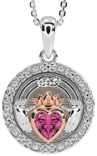 Diamond Pink Tourmaline Rose Gold Silver Celtic Claddagh Necklace