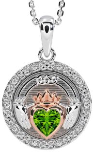 Diamond Peridot Rose Gold Silver Celtic Claddagh Necklace