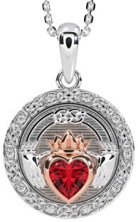 Diamond Ruby Rose Gold Silver Celtic Claddagh Necklace