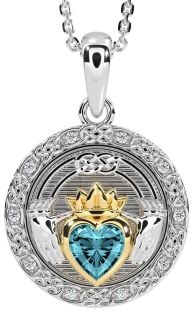 Diamond Aquamarine Gold Silver Celtic Claddagh Necklace