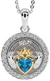 Diamond Topaz Gold Silver Celtic Claddagh Necklace