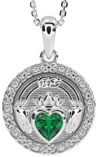 Diamond Emerald White Gold Celtic Claddagh Necklace