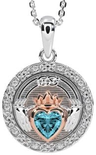 Diamond Aquamarine White Rose Gold Celtic Claddagh Necklace