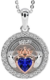 Diamond Sapphire White Rose Gold Celtic Claddagh Necklace