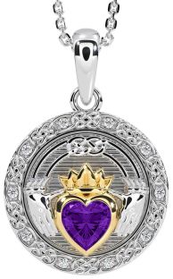 Diamond Amethyst White Yellow Gold Celtic Claddagh Necklace