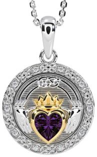 Diamond Alexandrite White Yellow Gold Celtic Claddagh Necklace