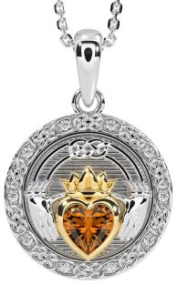 Diamond Citrine White Yellow Gold Celtic Claddagh Necklace