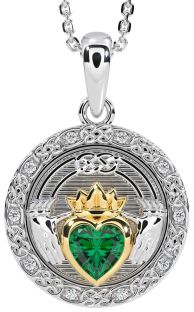 Diamond Emerald White Yellow Gold Celtic Claddagh Necklace