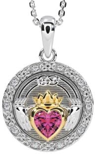 Diamond Pink Tourmaline White Yellow Gold Celtic Claddagh Necklace