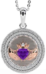 Diamond Amethyst Rose Gold Silver Claddagh Celtic Trinity Knot Necklace