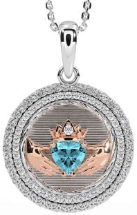 Diamond Aquamarine Rose Gold Silver Claddagh Celtic Trinity Knot Necklace