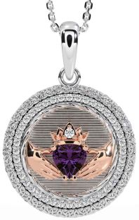 Diamond Alexandrite Rose Gold Silver Claddagh Celtic Trinity Knot Necklace