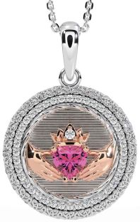 Diamond Pink Tourmaline Rose Gold Silver Claddagh Celtic Trinity Knot Necklace