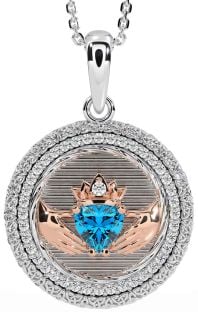 Diamond Topaz Rose Gold Silver Claddagh Celtic Trinity Knot Necklace