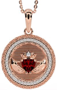 Diamond Garnet Rose Gold Silver Claddagh Celtic Trinity Knot Necklace