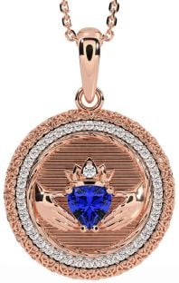 Diamond Sapphire Rose Gold Claddagh Celtic Trinity Knot Necklace