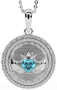 Diamond Aquamarine Silver Claddagh Celtic Trinity Knot Necklace