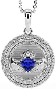 Diamond Sapphire Silver Claddagh Celtic Trinity Knot Necklace