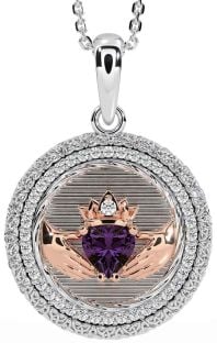 Diamond Alexandrite Rose Gold Silver Claddagh Celtic Trinity Knot Necklace