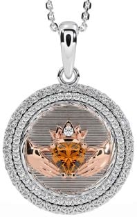 Diamond Citrine Rose Gold Silver Claddagh Celtic Trinity Knot Necklace