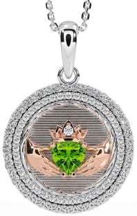 Diamond Peridot Rose Gold Silver Claddagh Celtic Trinity Knot Necklace