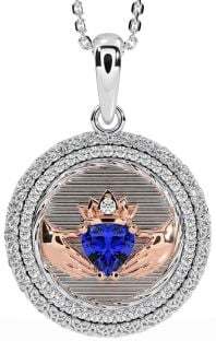 Diamond Sapphire Rose Gold Silver Claddagh Celtic Trinity Knot Necklace